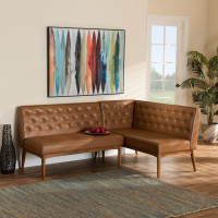 Baxton Studio BBT8051.13-TanWalnut-2PC SF Bench Baxton Studio Riordan Mid-Century Modern Tan Faux Leather Upholstered and Walnut Brown Finished Wood 2-Piece Dining Nook Banquette Set
